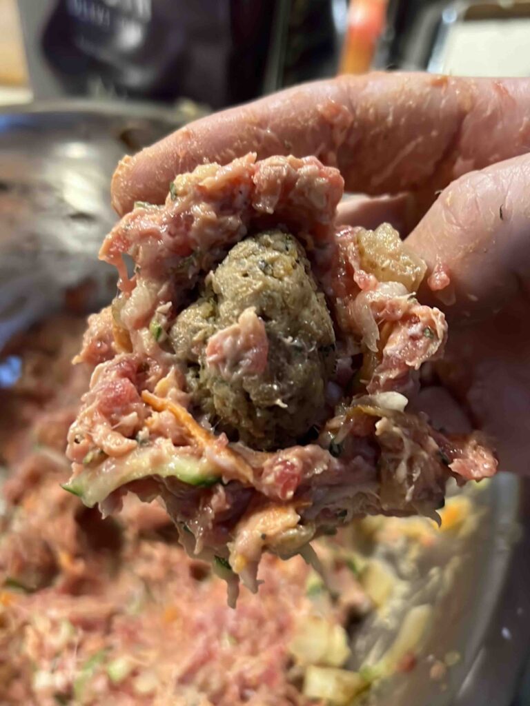 This is a picture of the bread stuffing with the sausage meat around the outside