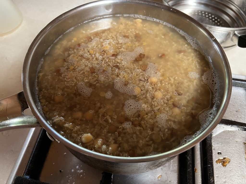 Cooking brown rice, lentils and quinoa