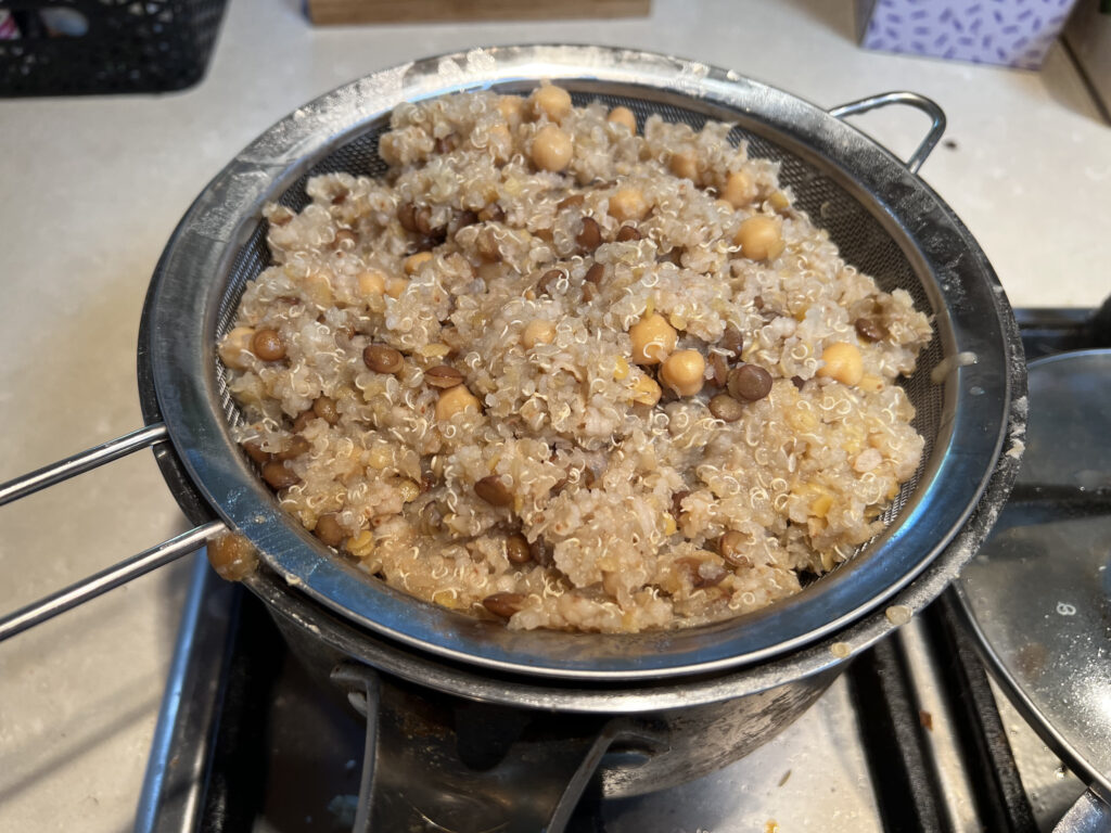 Cooked brown rice, lentils and quinoa