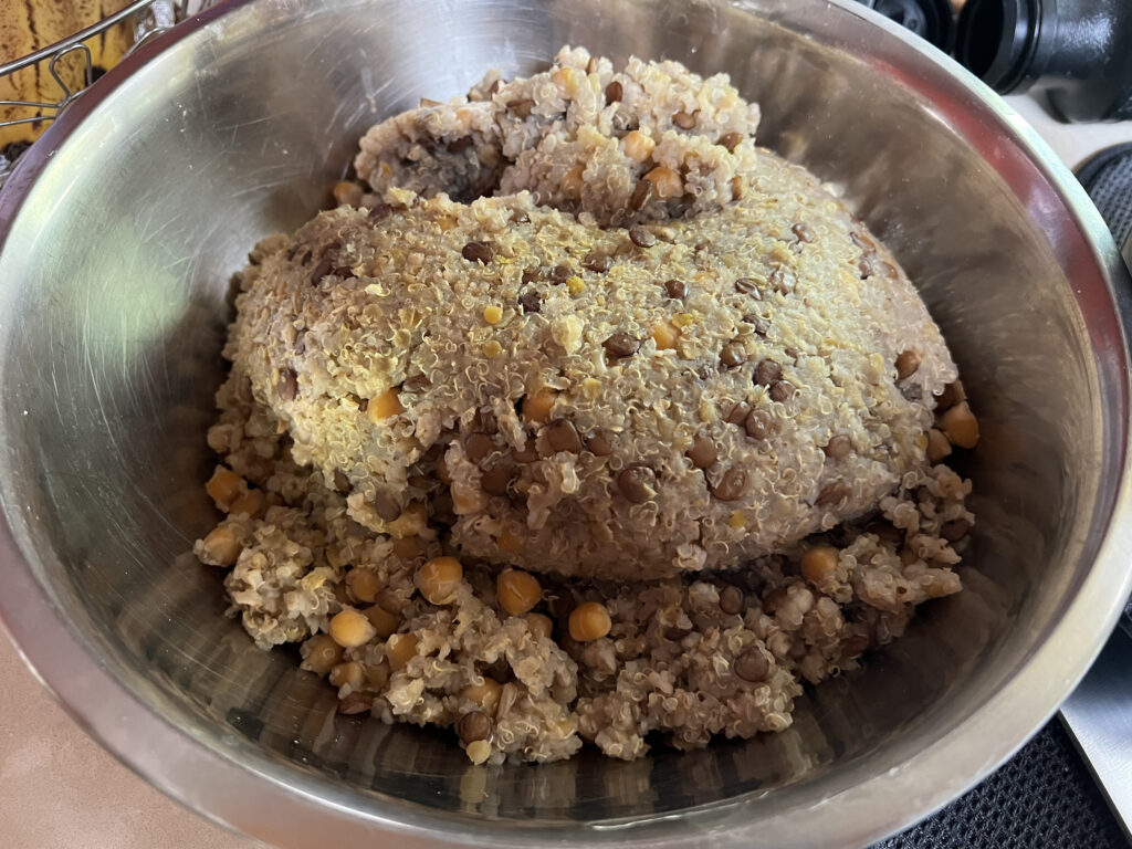 Brown rice, lentils, chickpeas and quinoa in a bowl